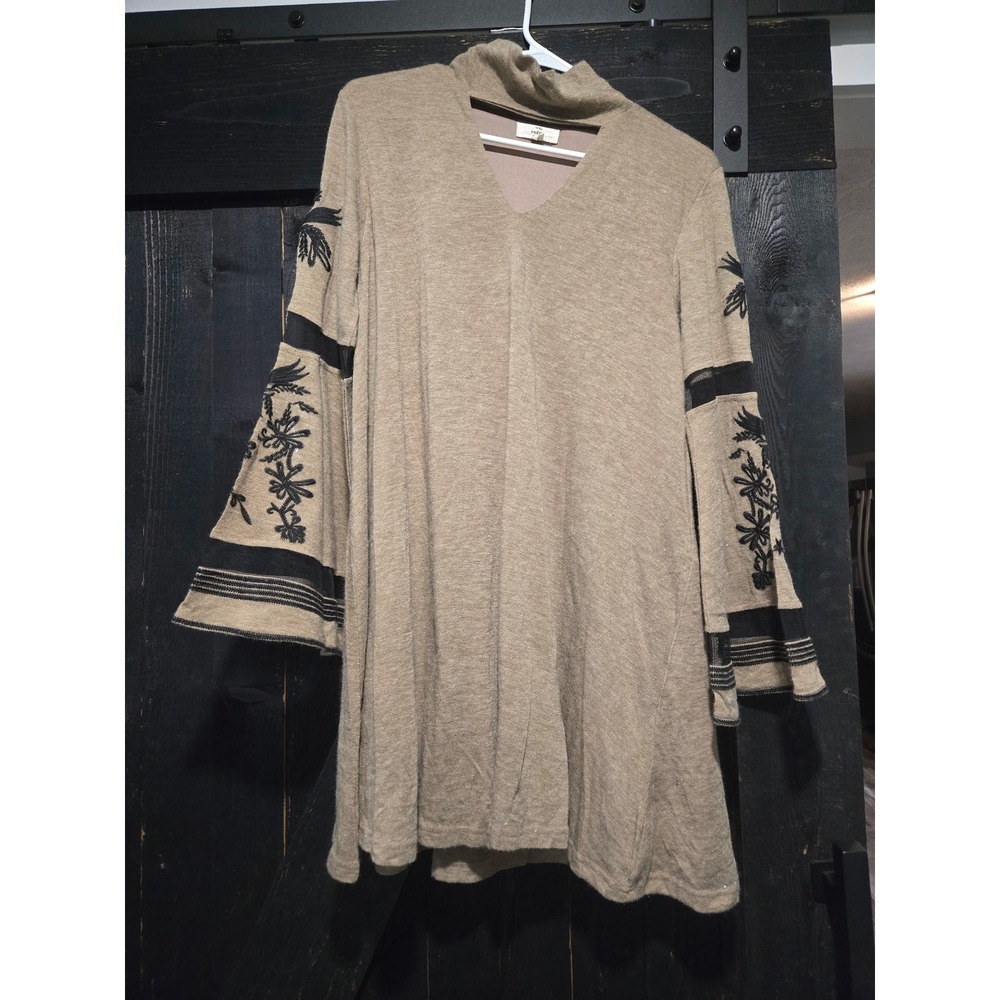 Entro Tan Embroidered Bell Sleeve Choker Neck Mini Dress Tunic Boho Small